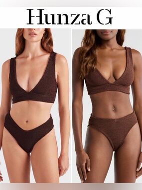 Hunza G Angel Crinkle Bikini Chocolate Brown Swim Set OS NWT 285$